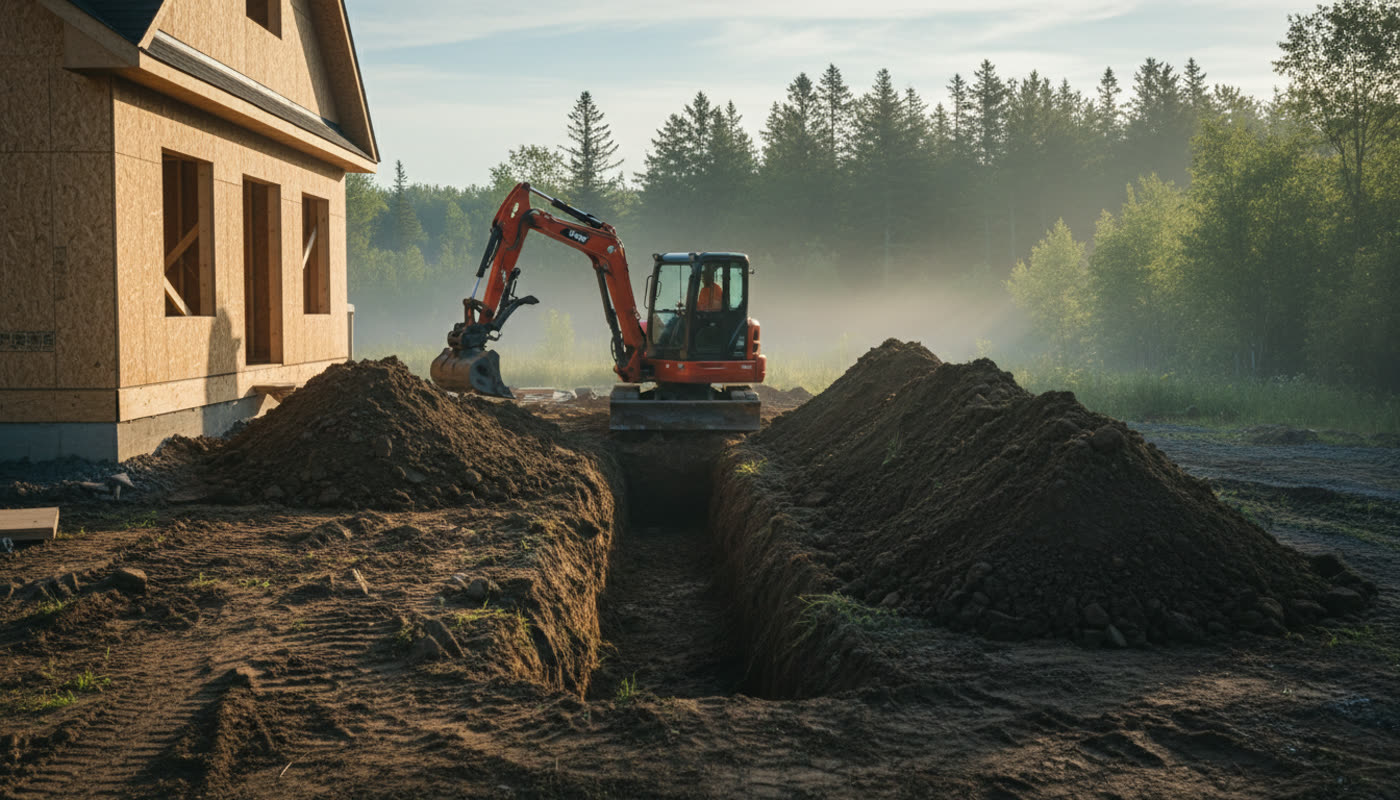 Excavation d'une tranchée de fondation à côté d'une maison en construction