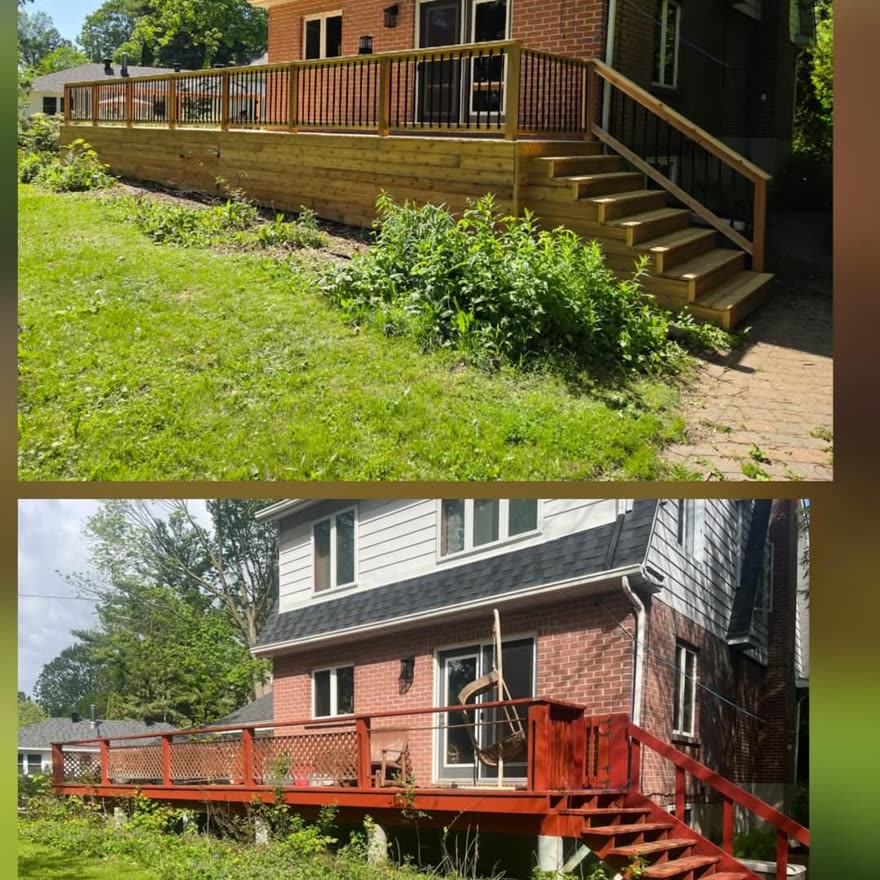 Avant-après : ancienne terrasse remplacée par une nouvelle terrasse en bois traité avec escalier